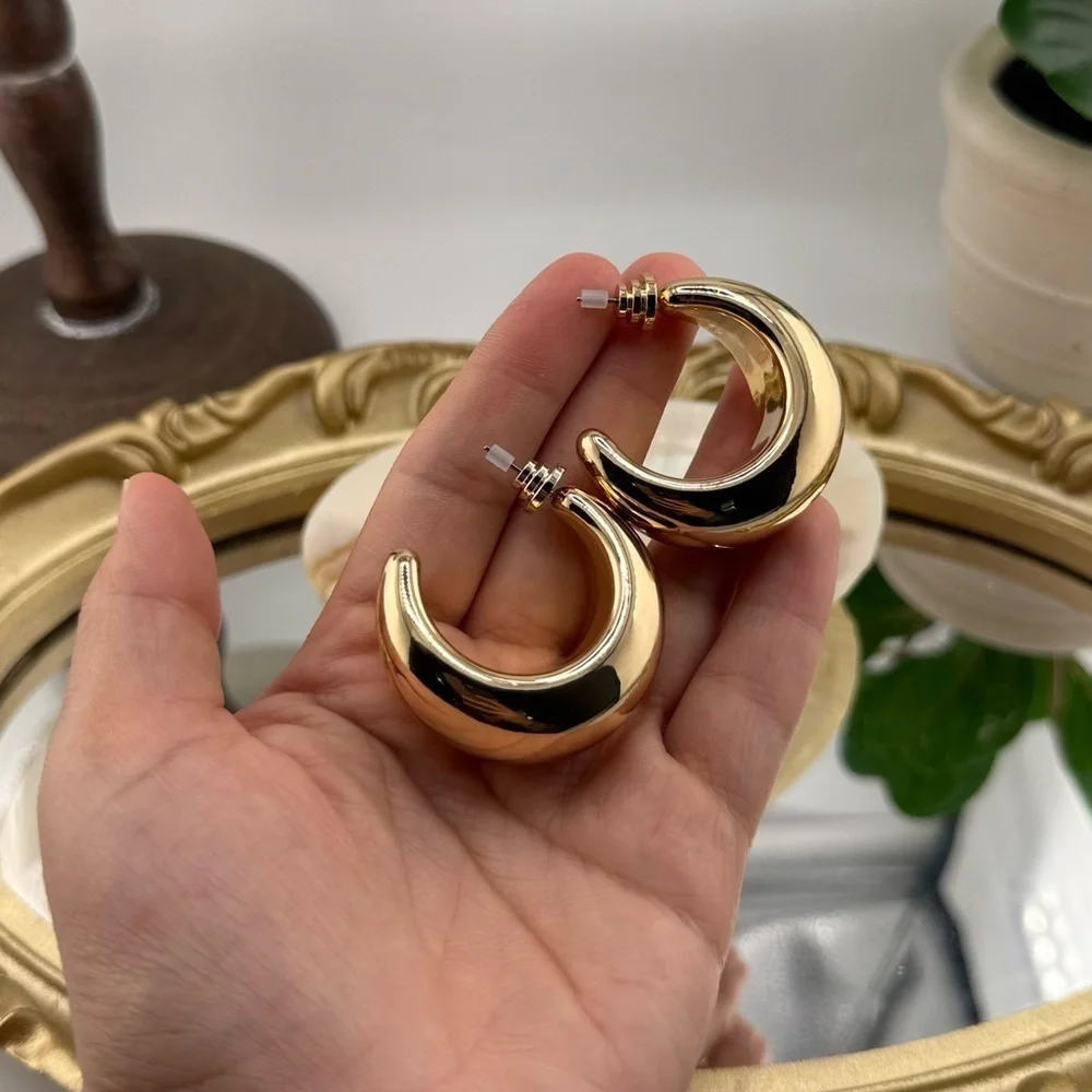 Gold Chunky Crescent Hoop Earrings – Statement Jewelry - Picture 8 of 8